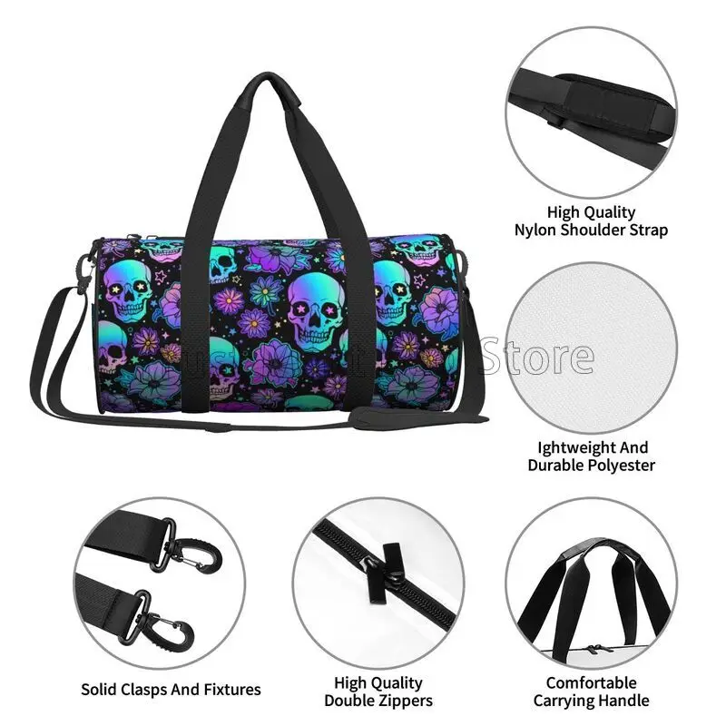 Bolsa de viaje negra con estampado de flores y calaveras, bolsa deportiva impermeable para gimnasio, bolsas de equipaje plegables, bolsas de noche para fin de semana