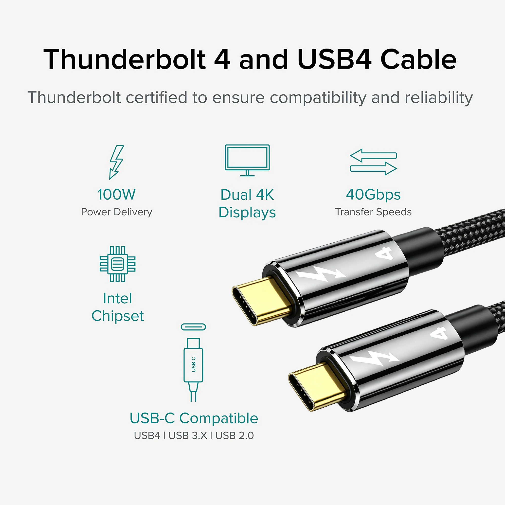 Certified Thunderbolt 4 Cable 0.5m, 100W PD, 8K 60Hz Display, 40Gbps Data High Speed Compatible with USB4 Thunderbolt 3 Laptops