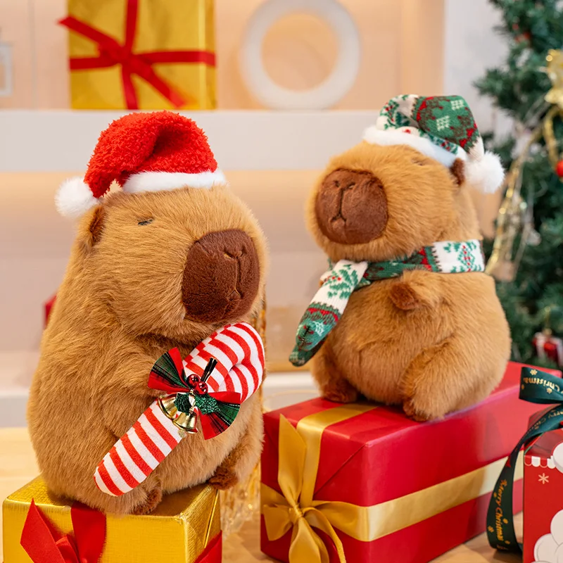 25CM Kawaii Navidad Capybara juguetes de peluche muñeca Capybara con manzana roja árbol verde decoración de dulces regalo de cumpleaños de Navidad para niños