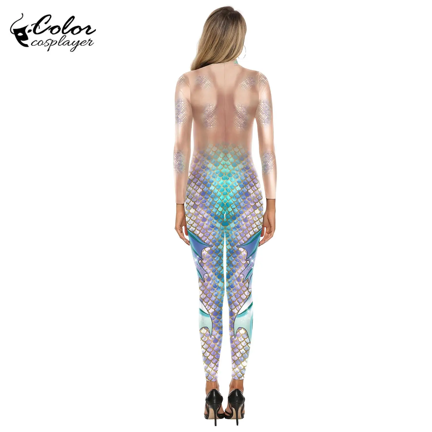 Color Cosplayer Mermaid Jumpsuit Halloween Cosplay Costume Fish Scale Pattern Bodysuit Spandex Jumpsuit Party Movie Dress Up