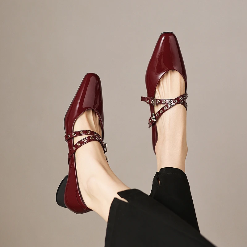 

Women's New Spring and Autumn Genuine Leather Sheepskin Metal Belt Buckle Mid Heel Large Mary Jane Shoes Fashion Single Shoes