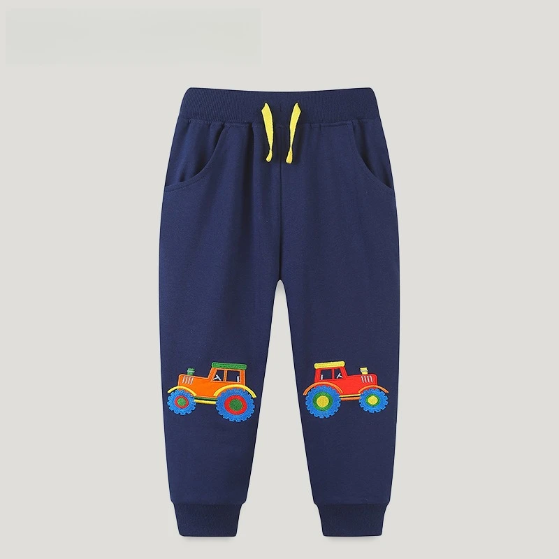 

Kid Boy Comfortable Trousers Navy Blue Sweatpants Yellow Drawstrings Side Pocket Adorable Cartoon Truck Prints Children Pants