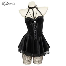 MEOWCOS Women Gothic Camisole and Skirt Set Black Lace-up Style Top and Skirt with Net Stockings and Sleeves