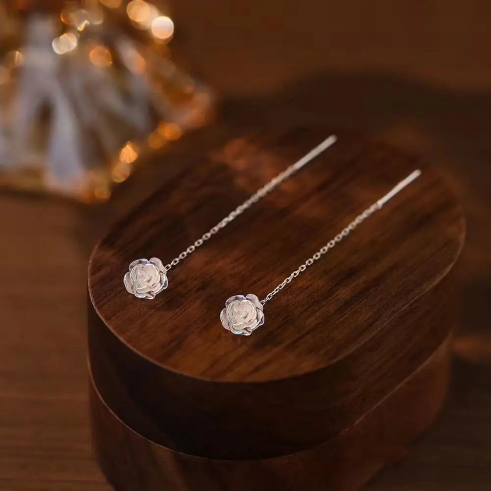High Polished Earrings Elegant Rose Shape Tassel Dangle Earrings for Women Prom Party Wedding Jewelry 3d Linear Stud Earrings