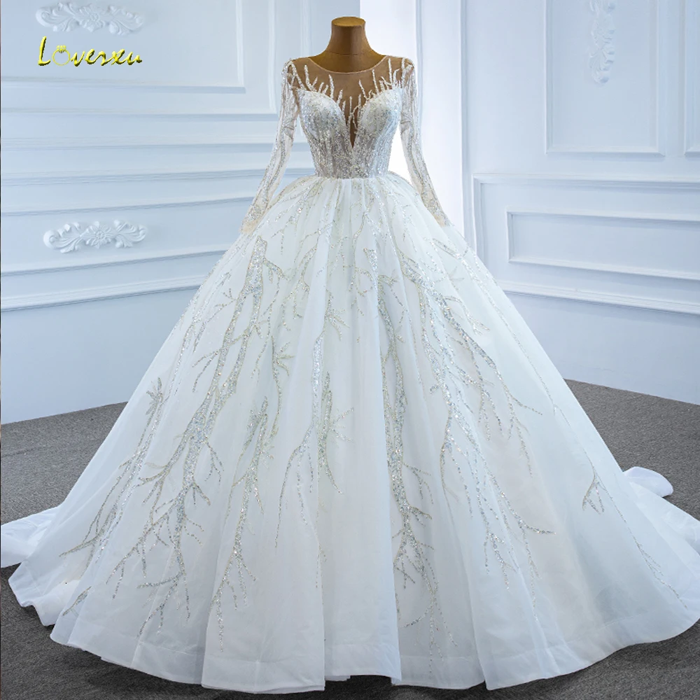 

Loverxu Ball Gown Vintage Wedding Dresses 2024 O-Neck Long Sleeve Vestido De Novia Lace Sequined Lace Up Glitter Robe De Mariee