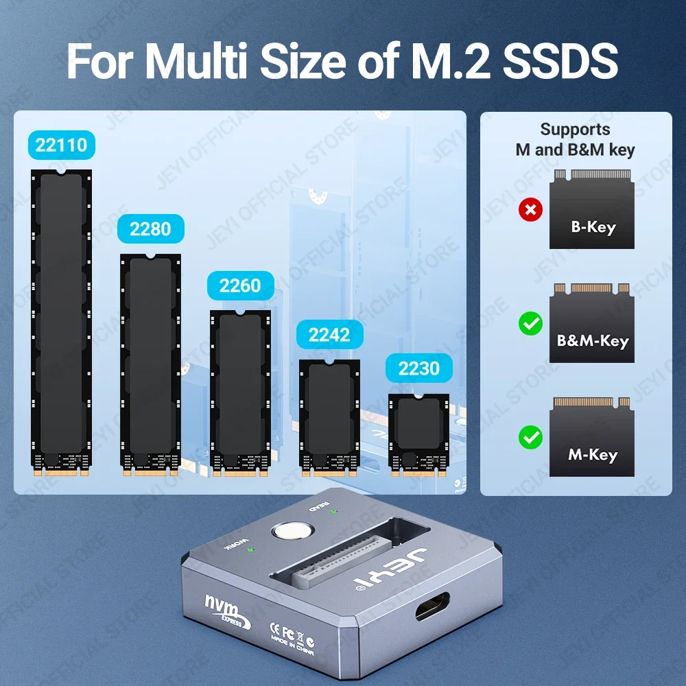 JEYI M.2 SSD Reader, NVMe & SATA to USB-C PCIe SSD Docking Station USB 3.2 10Gbps Solid Disk Adapter With Write Protection