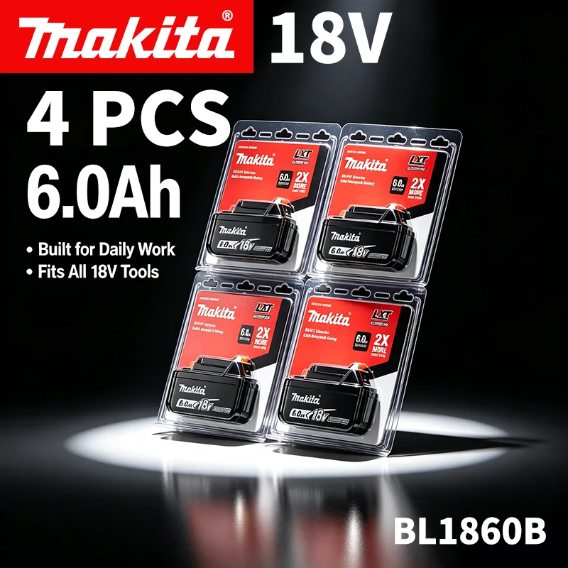 Batteria originale Makita 18V LXT, ricarica sicura, ampia compatibilità con gli utensili BL1840B e BL1850B (1 o 4 pezzi).