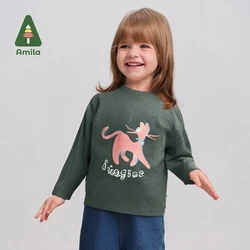 Amila Baby T-Shirt 2024 Autumn New Girls Cartoon Cat Pattern Round Neck Loose Casual Breathable Wild Soft Children‘S Long Sleeve