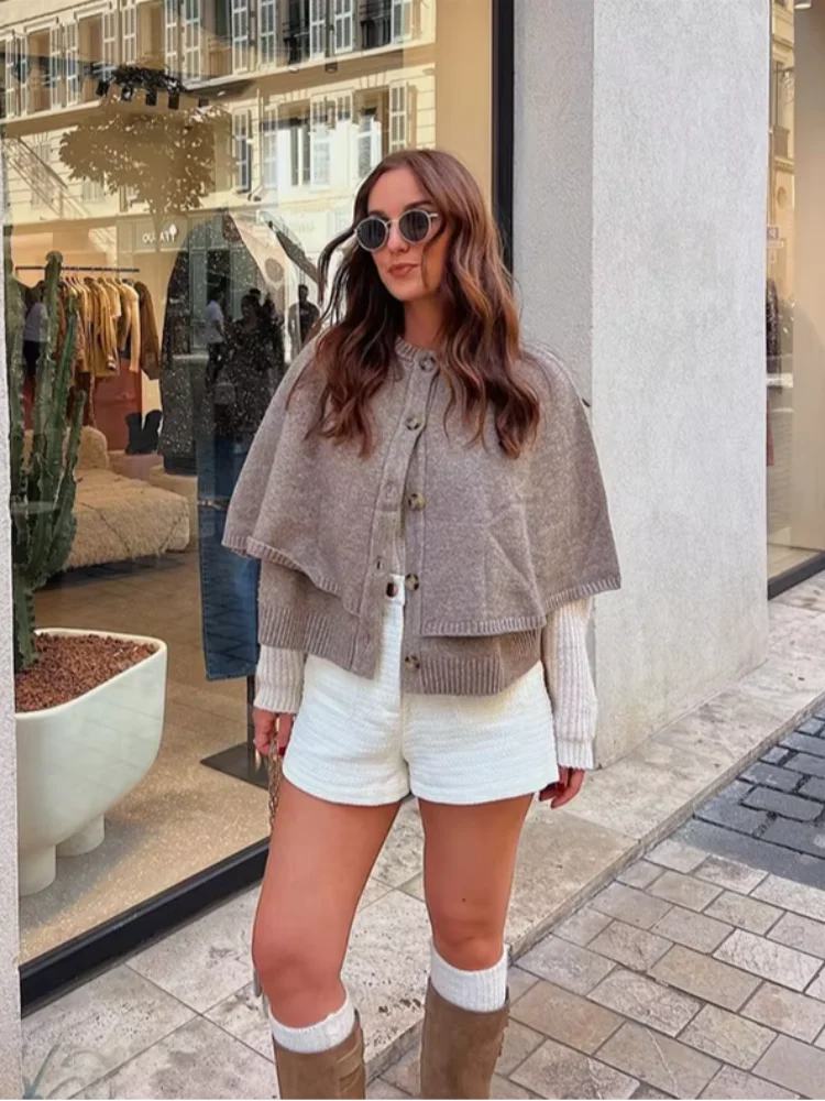 Women Trendy Solid Color Cape Style Cardigan Single Breasted Cropped Round Neck Loose Cloak Coat Casual Daily Street Outfit New