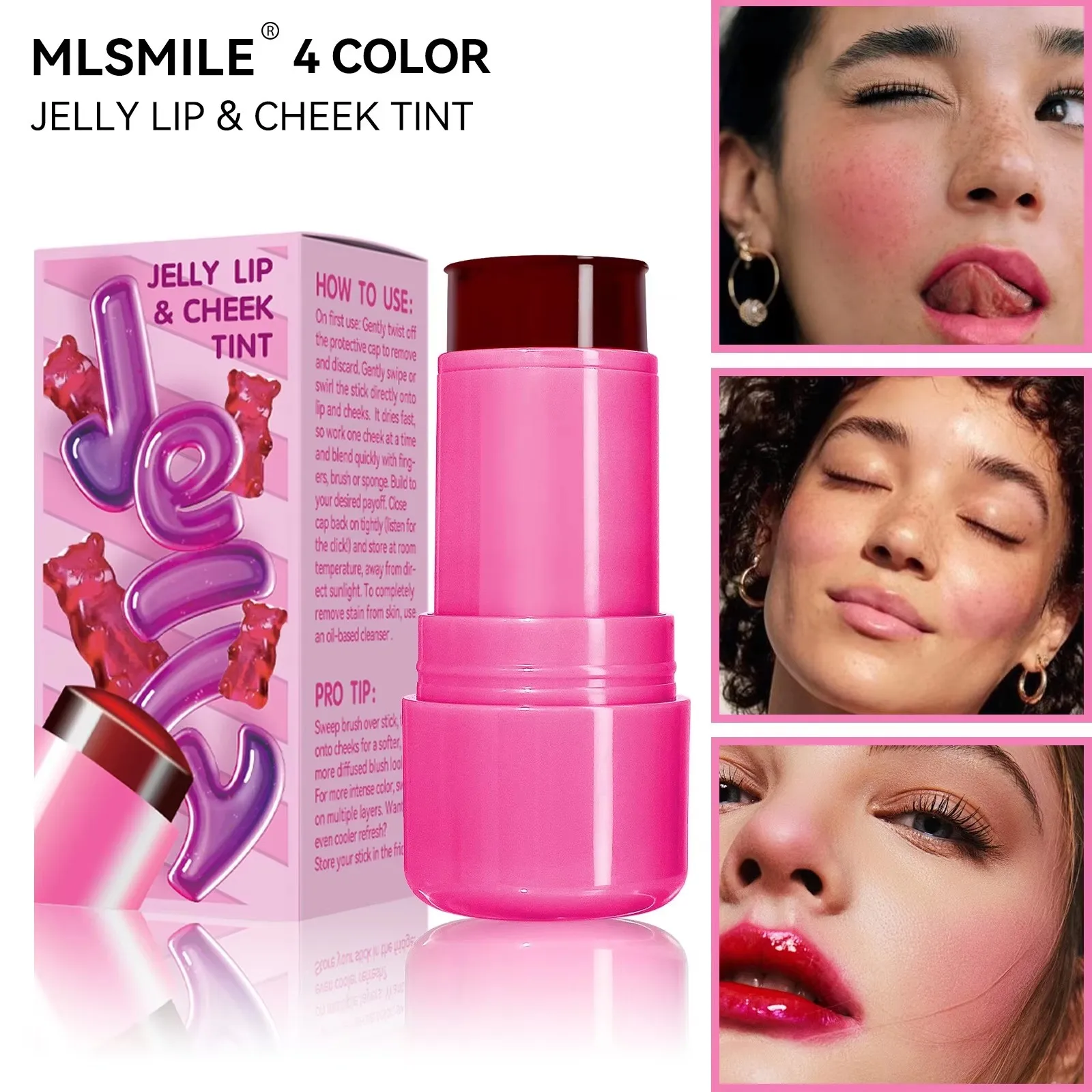 4 kleuren Jelly Lipstick 3-in-1 Multi-Use Blush Stick Hydrateren Fleuren Lippenbalsem Originele Niet-vervagende Markeerstift Blush Make-up.