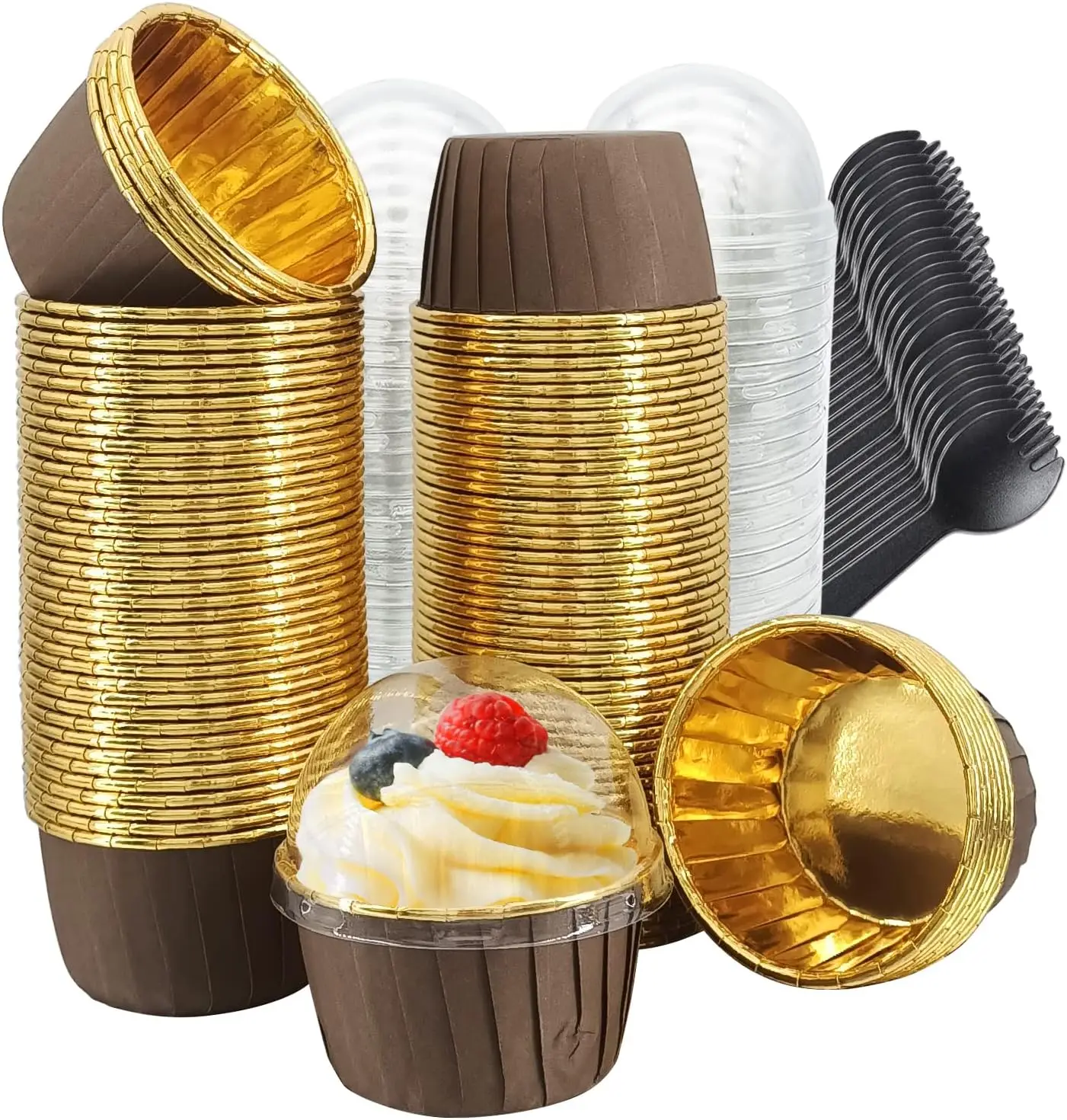 50sets Cupcake Liners with Dome Lids Spoon, Foil Baking Cups Muffin Liners, Disposable Cupcake Tins Cupcake Wrappers for Wedding