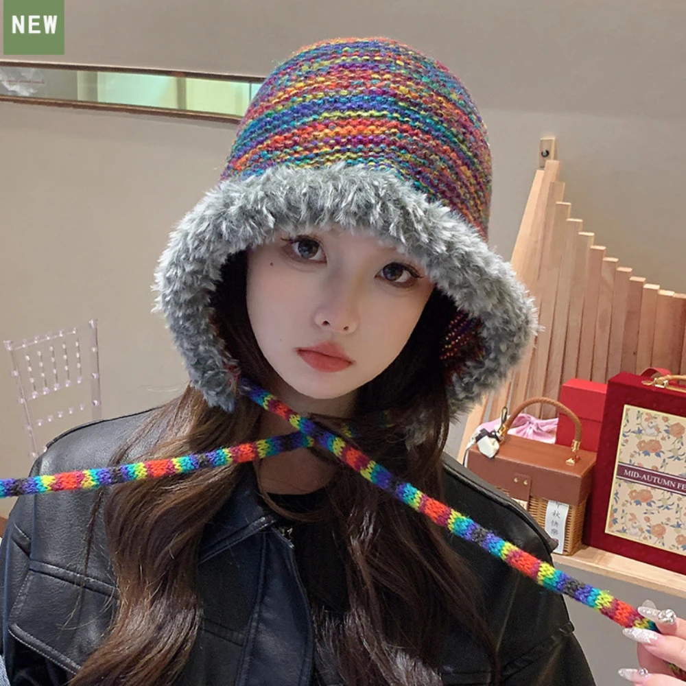 HT4266 New Fashion Knitted Hat Thick Warm Fleece Winter Beanie Hats for Women Rainbow Ski Earflap Cap Ladies Skullies Beanies