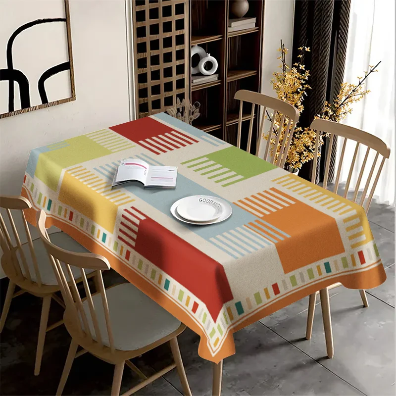 Contrasting color geometric patchwork tablecloth - modern style with colorful block and striped pattern design