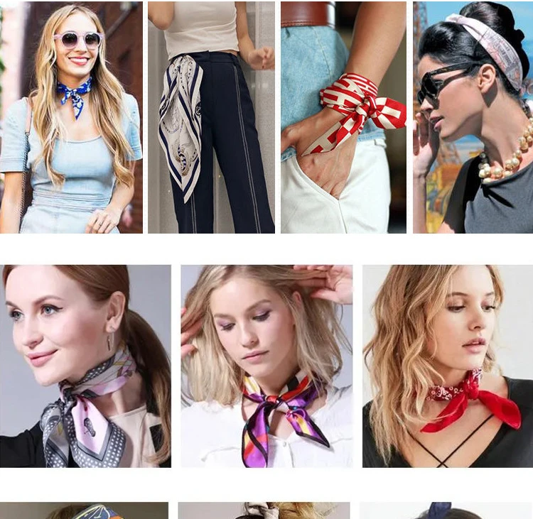 Luxus Design Druck Seide quadratischen Schal Frauen weichen Satin Pferd Haarband Halstuch Büro Hijab Stirnband Foulard Tasche Bänder Geschenk – Detail 1