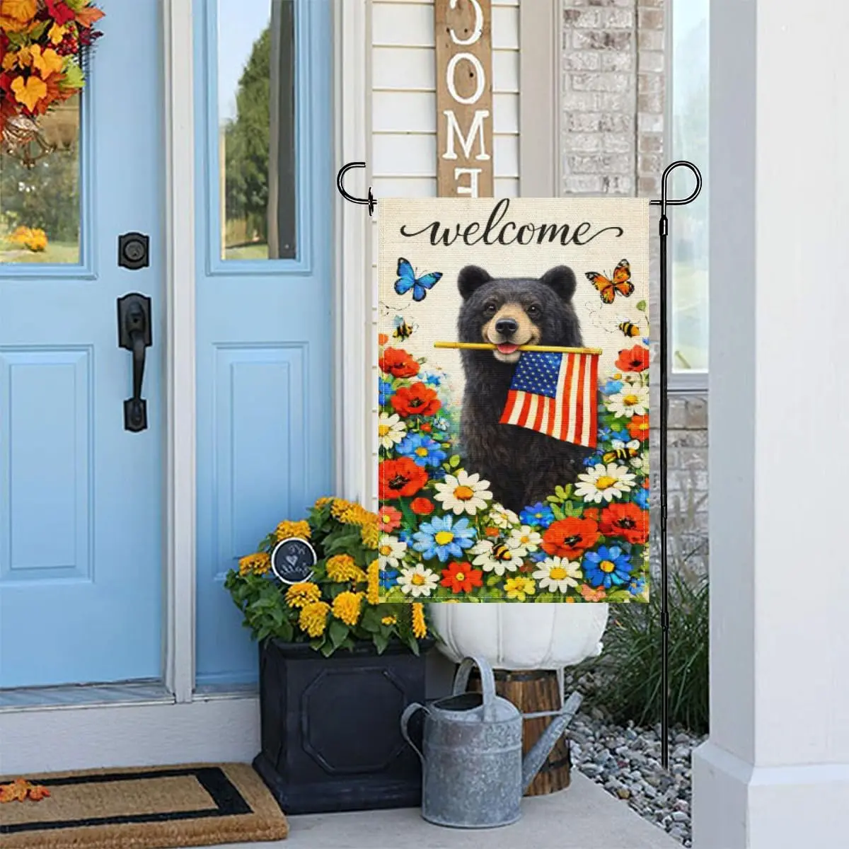 Fun Black Bear Welcome Garden Flag 12x18Inch,4th of July Patriotic American Flag,Independence Memorial Day Summer Floral Out AAS