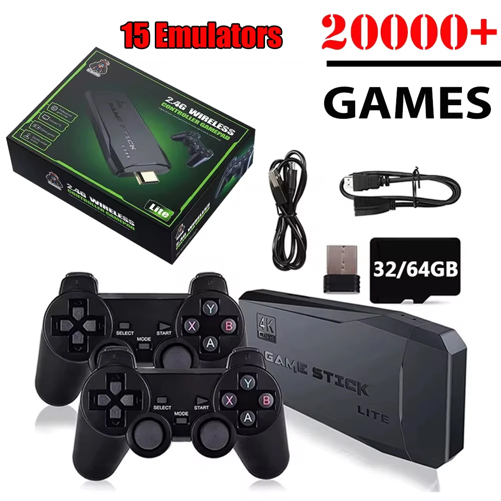 4K Video Game Console Wireless Controller Gamepad Built-in 20000+ Games 64G Retro Handheld Game Player HD TV Game Stick