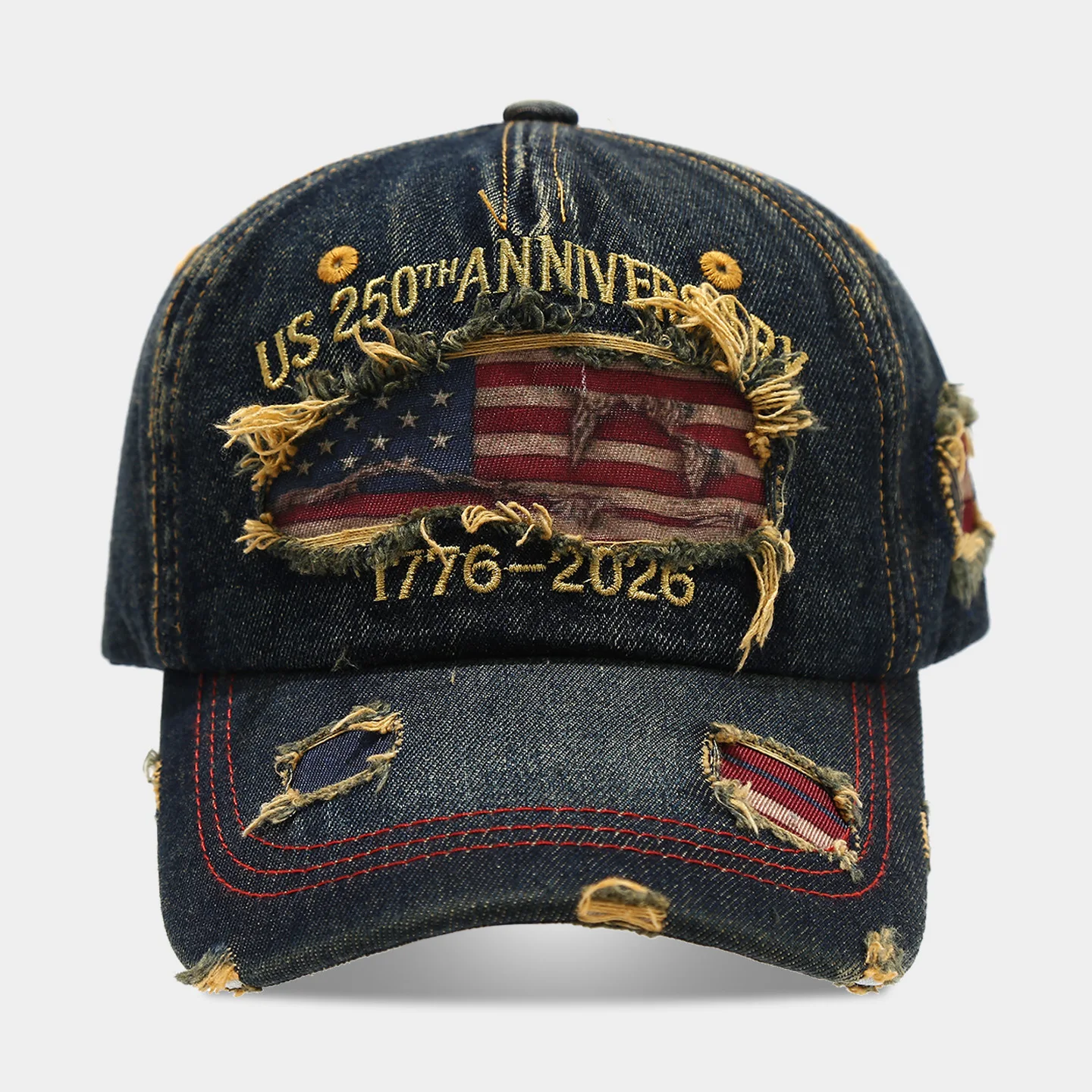 American Retro Flag Embroidered Baseball Cap Broken Holes Rough Edges Washed Dad Hats 1776-2026 Commemorative Sunshade Hats