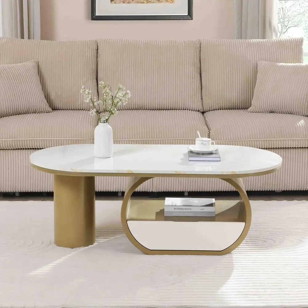 

Luxury Oval Coffee Table 47'' Faux Marble Top with Storage Drawer Golden Metal Legs Modern Center Table for Living Room