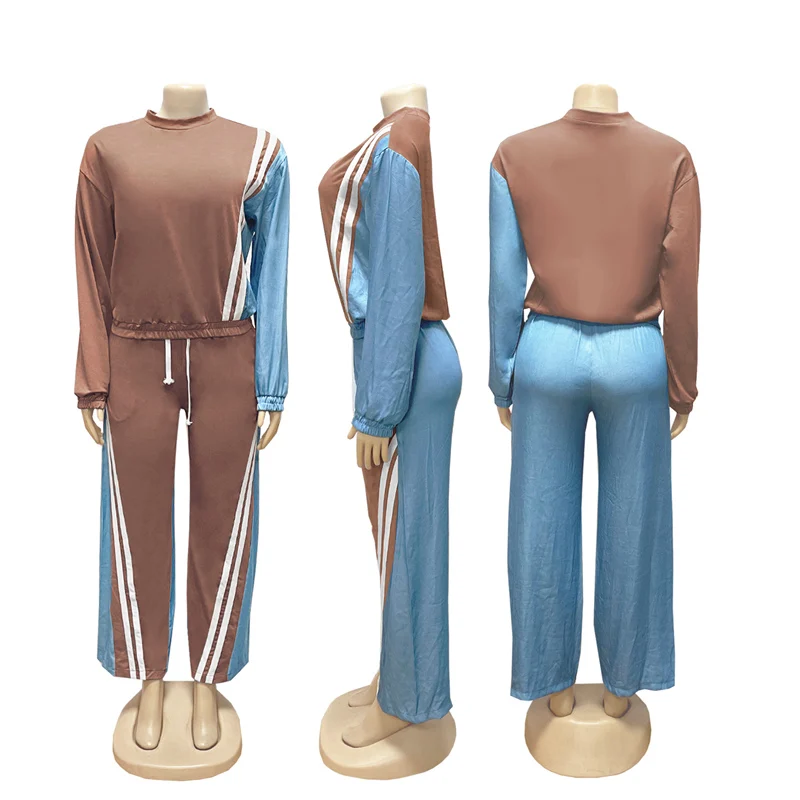 Conjunto de 2 piezas a rayas de retales Vintage para mujer, Top deportivo de manga larga con cuello redondo y pantalones de pierna ancha, conjunto a juego para correr