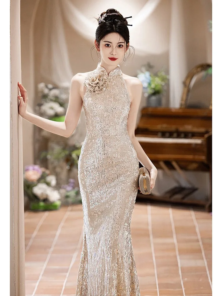 Chinese-style cheongsam light luxury niche banquets high-end sequined sparkling toasting dress