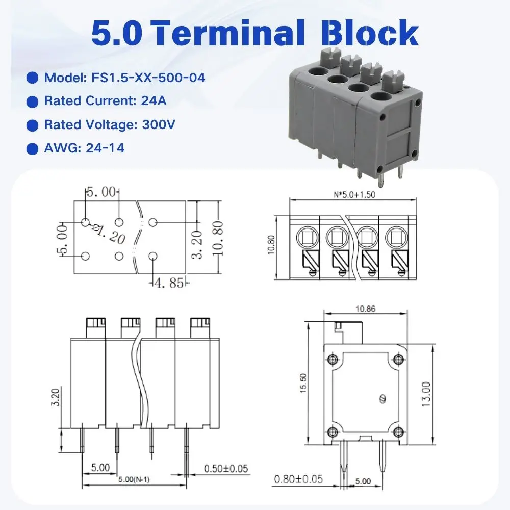 Screw Free Push In Spring PCB Terminal Block DG236 KF143-5.0mm, Straight Pin Wiring Terminal Compatible Hard & Soft Wire