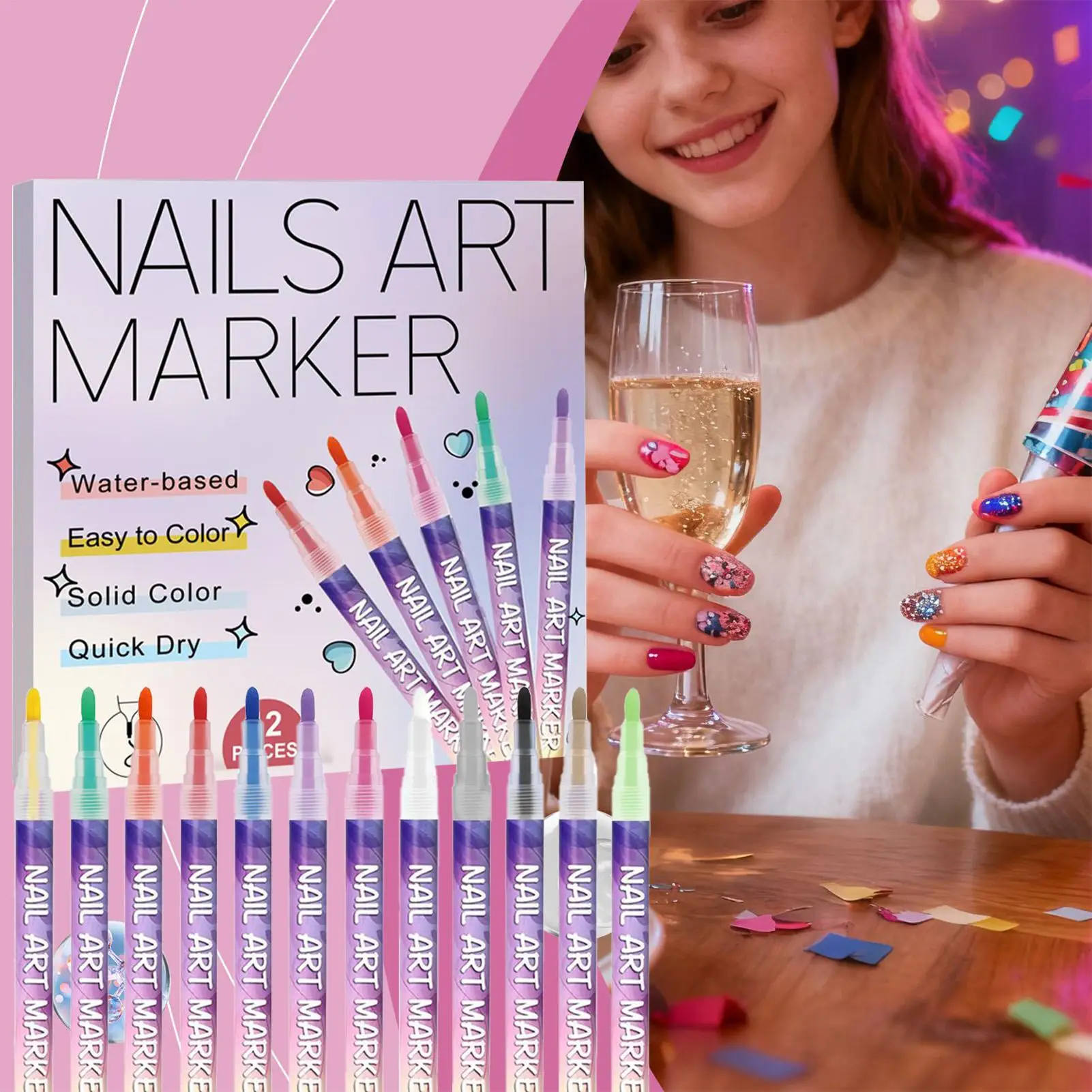 Nail Polish Pen 12 Colors 3D Nail Polish Pen Fingernail Drawing Markers for Women Home Salon Party Formal Wedding Travel