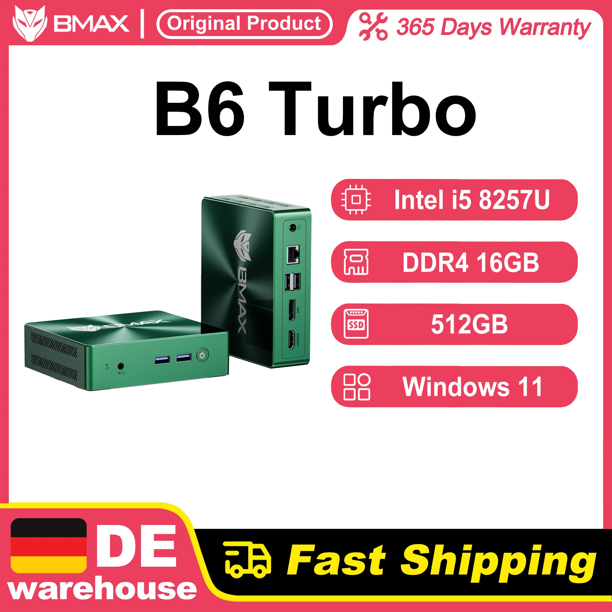 Mini PC BMAX B6 Turbo, 16 GB de RAM, 512 GB de ROM, Intel i5 8257U, Windows 11, WIFI 6, Gráficos Intel LRIs Plus 645, DP, HDMI, USB