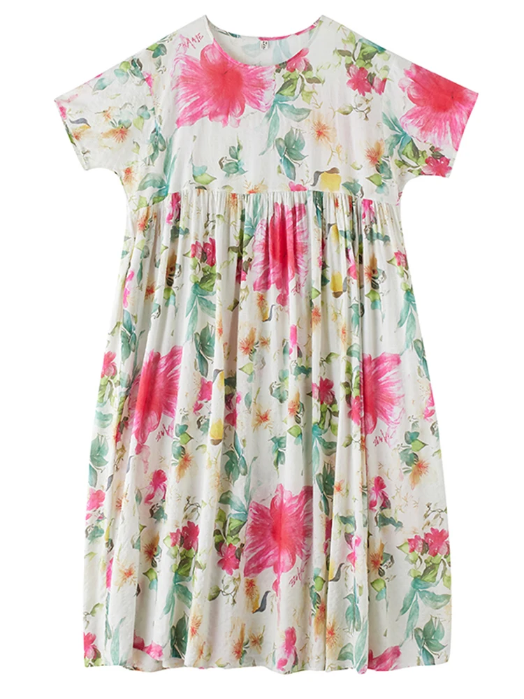 Oversized Cotton Short Sleeve Vintage Floral Print Dresses For Women Summer New In Loose Casual Long Dress Elegant Clothing 2025
