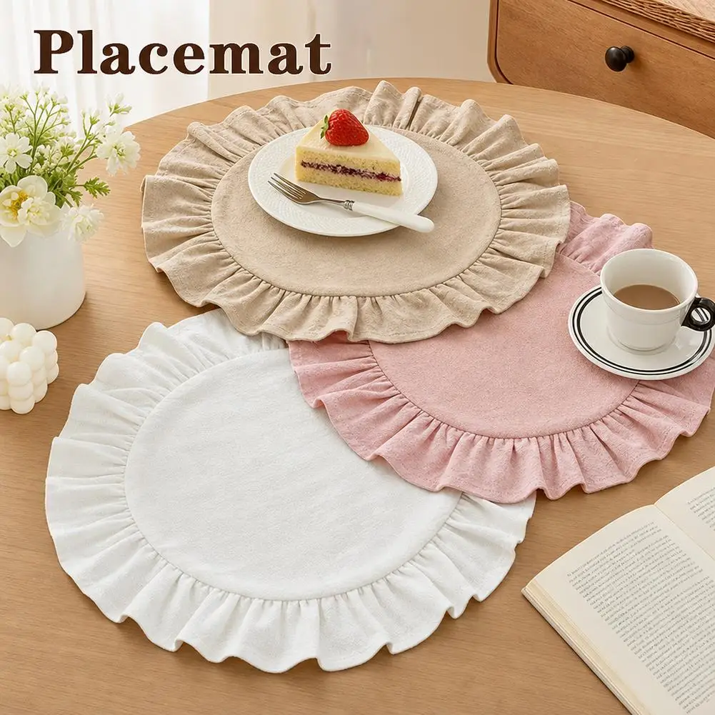 Vintage Linen Cotton Ruffle Placemat 38cm Round Table Cover Doily For Dining Decor Photo Backdrop Baking Gift