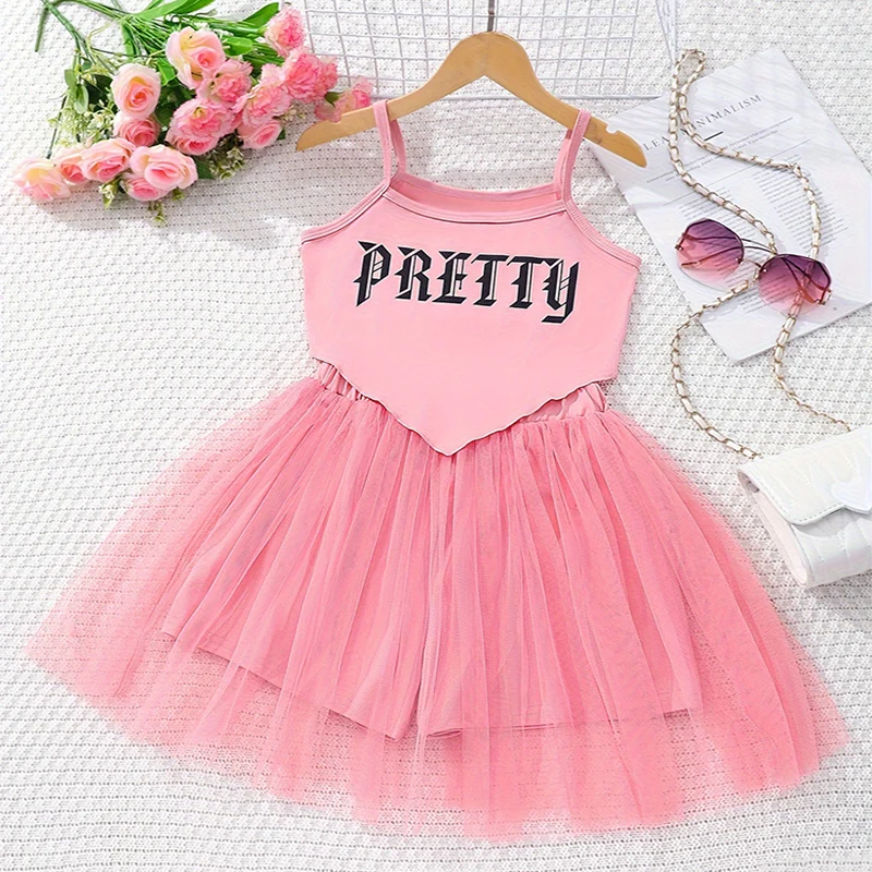 

Two Piece Summer Girl Cute Shoulder Strap Printed Short Sleeved Mesh Short Skirt Princess Daily Casual Birthday Party Set