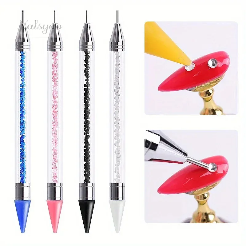 2Pcs Manicure Double-Ended Diamond Pens with Crayons Stainless Steel Tweezers Nail Art Grafting Eyelashes Tools Set