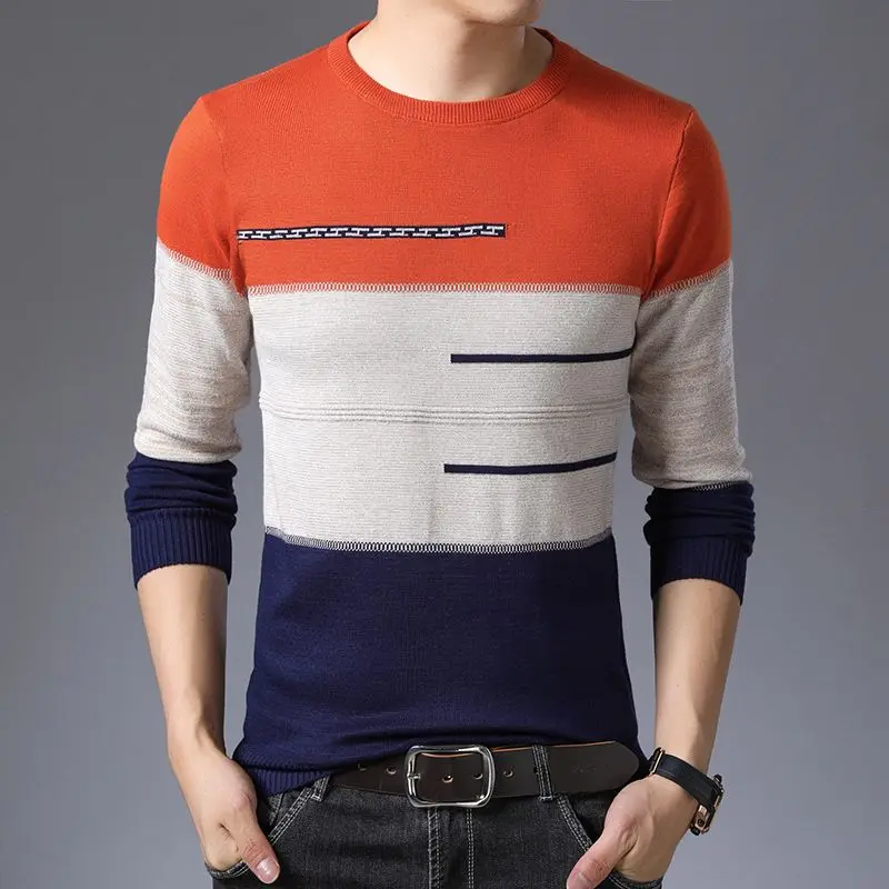 Streetwear Fashion Men Bottoming Sweater Autumn Winter Male Clothes Contrast Striped Basic Casual Long Sleeve Knit Pullovers Top