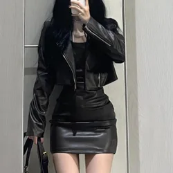 Fashion Vintage Long Sleeve Zipper Leather Coat Women+ Y2k Sexy Slim Fit Bodycon Camisole Dress Summer New Two Piece Sets