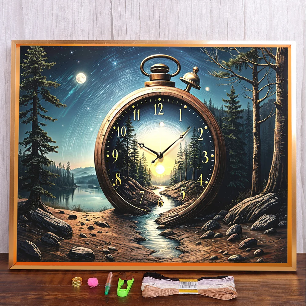 

Landscape Clock Pre-Printed 11CT Cross-Stitch Set Embroidery Handicraft Handmade Painting Handiwork Gift For Adults Counted