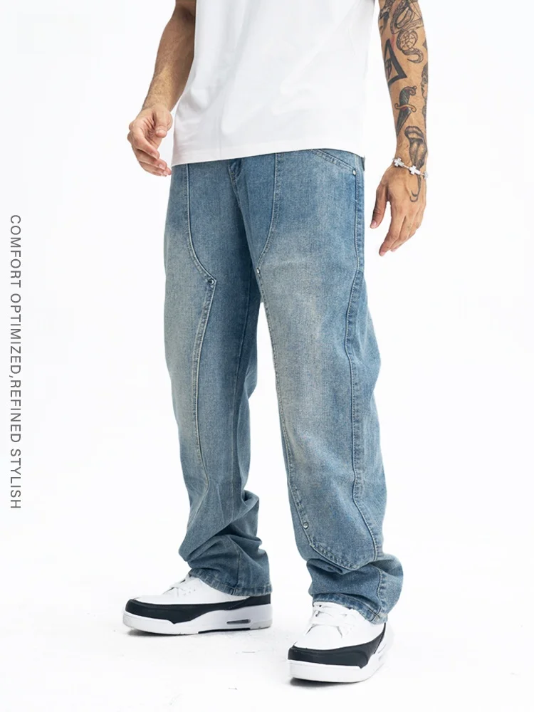 

Повседневные винтажные джинсы для мужчин: свободные прямые брюки из хлопкового денима с декоративными элементами и дизайном «гвозди», повседневные брюки