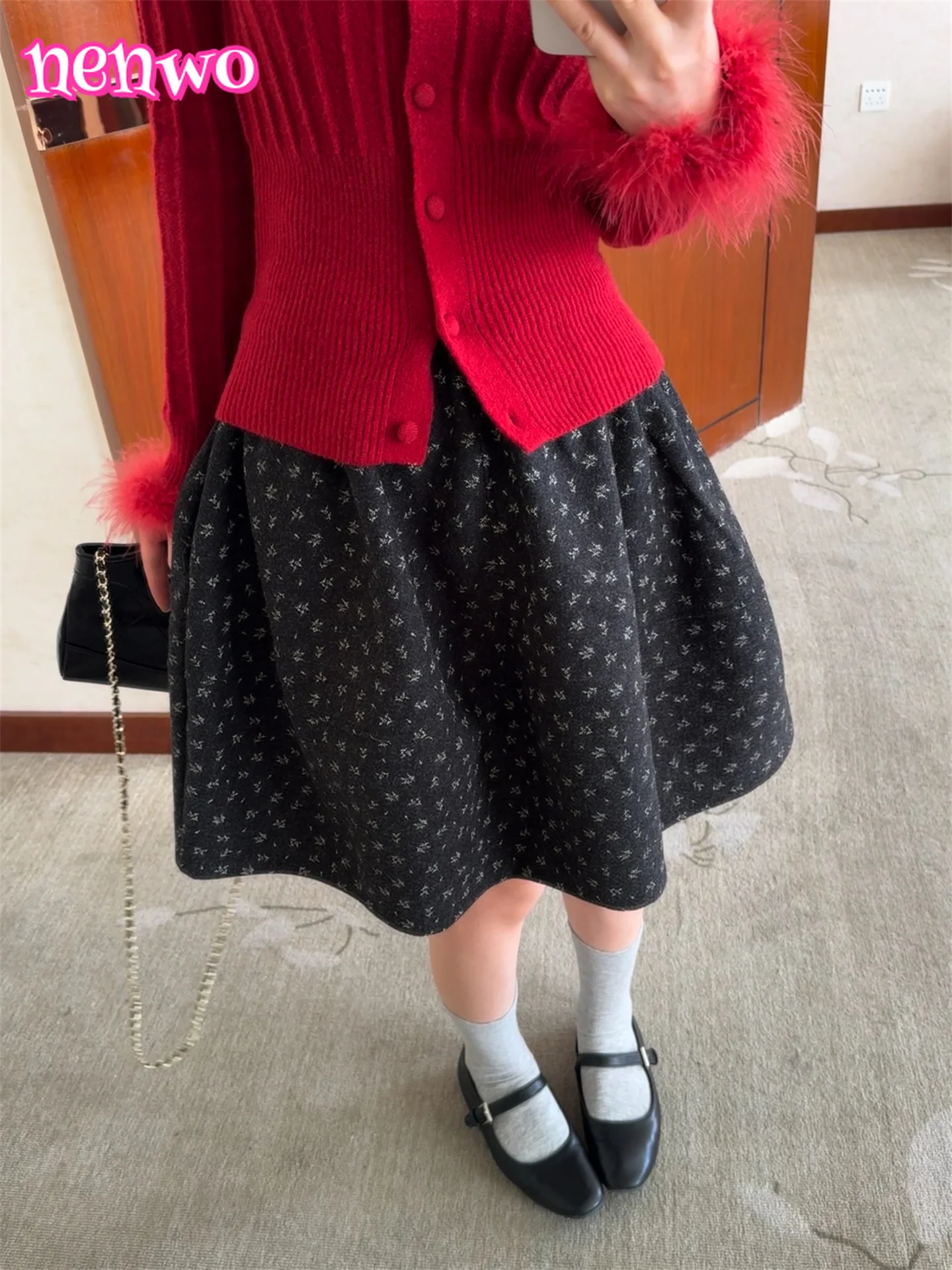 النمط الفرنسي لطيف بدوره إلى أسفل طوق كم طويل محبوك سترة علوية للنساء الخريف الشتاء الحلو دعوى الصوف الأزهار تنورة faldas