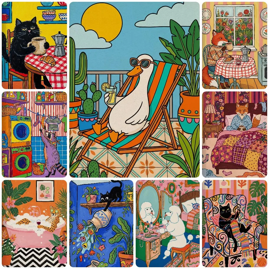 

DIY Playful Anthropomorphic Animals Jigsaw Puzzle, Whimsical Cats, Foxes and Ducks in Everyday Scenes, Colorful Wall Decor