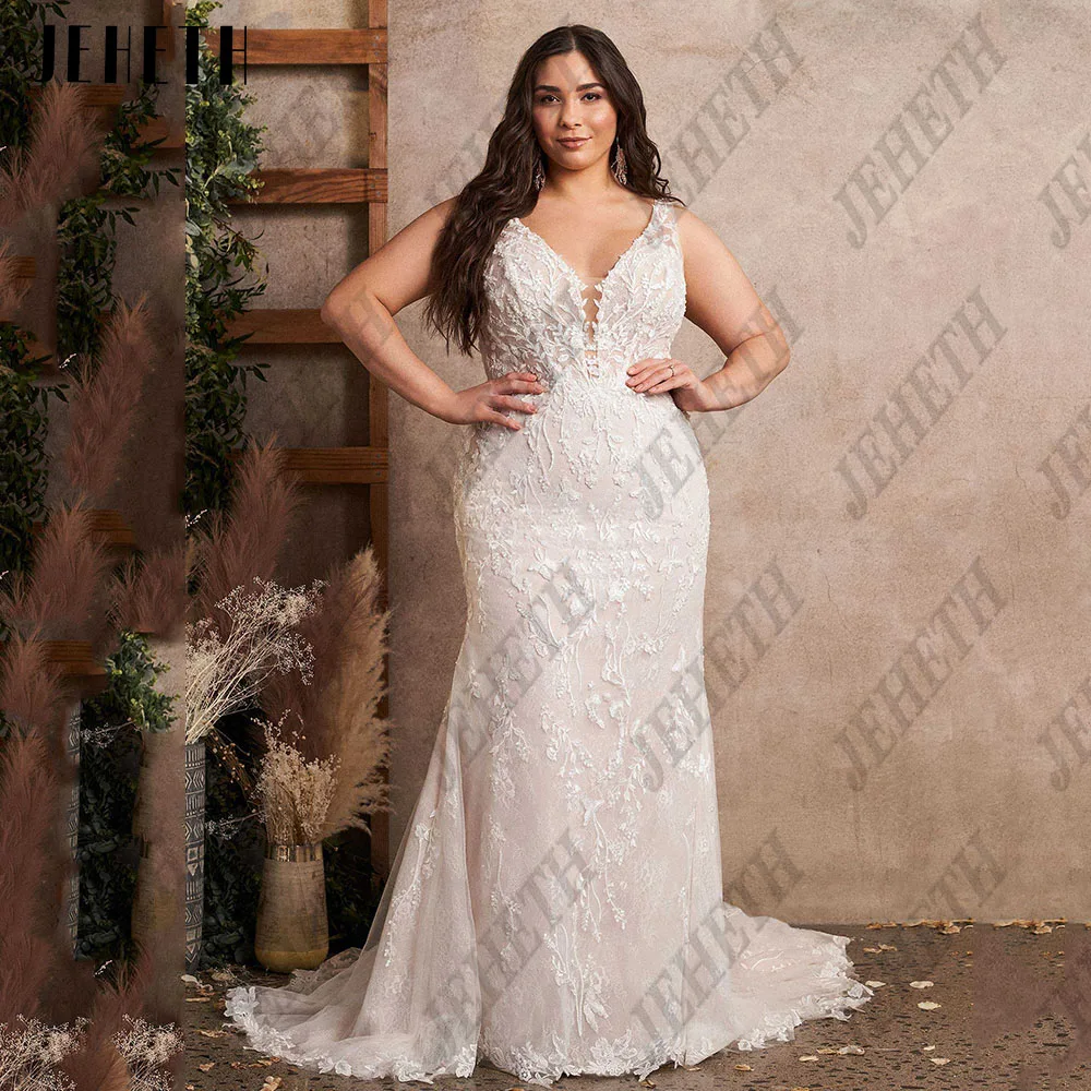 JEHETH Civil Wedding Dress For Bride Mermaid Sleeveless V-Neck Backless Bridal Gowns Exquisite Plus Size Applique Robe De Mariee