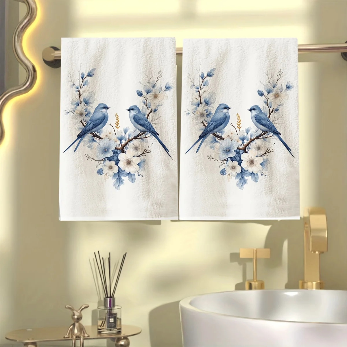 1 white base, blue birds and flowers, modern and fashionable towel design, advanced texture, trendy color scheme
