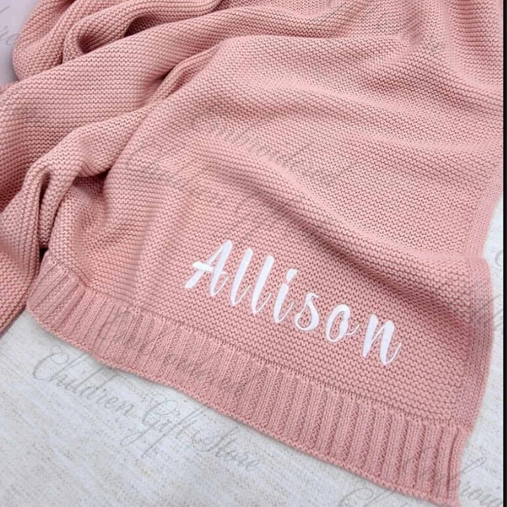 

Newborn Knitted Blanket Baby Gift Personalized Name Baby Shower Stroller Blanket Custom Baby Birth Announcement Embroidered Gift