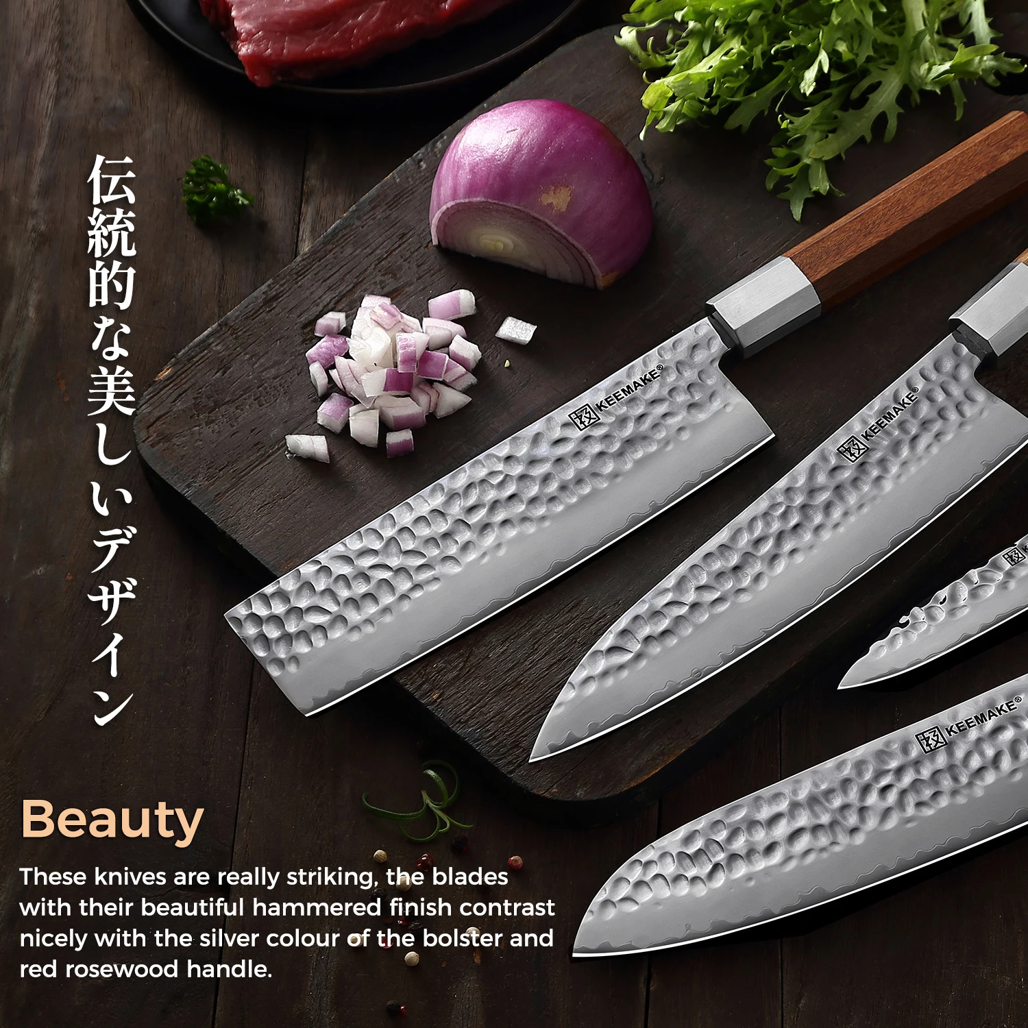 KEEMAKE Japanese Kitchen Chef Knife Set High Carbon Stainless Steel 8\'\' Gyuto 7\'\' Nakiri Chopping Cleaver 4.5\'\' Paring Knife