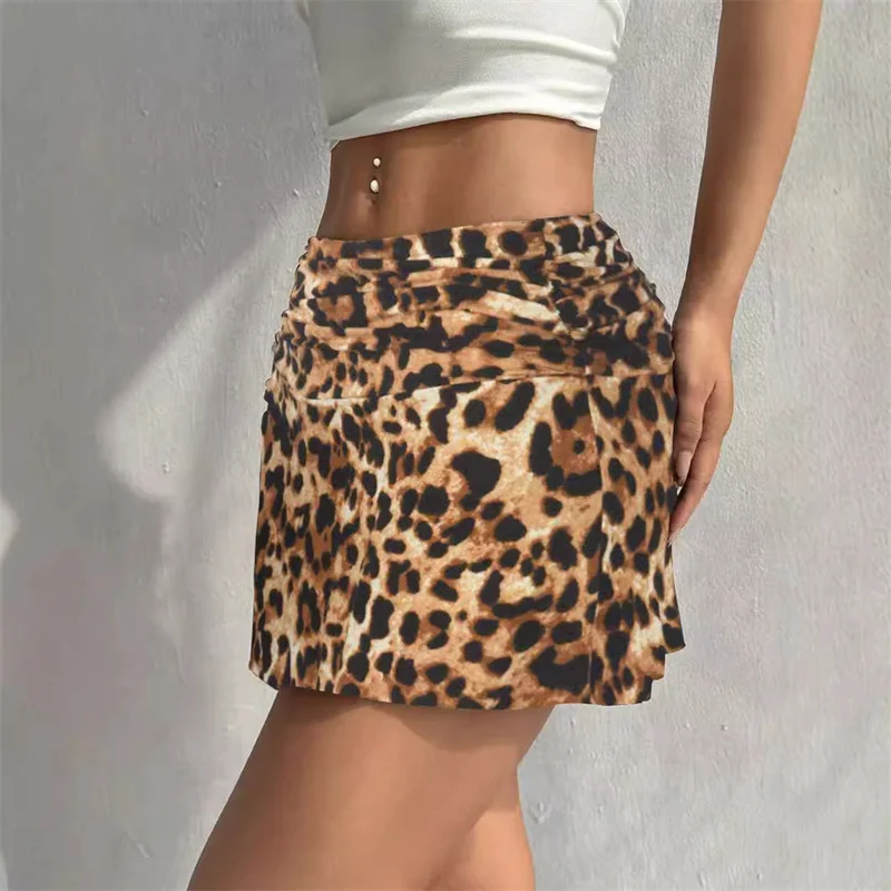 Women Sexy Leopard Print Mini A Line Skirts High Waist Ruched 2024 Streetwear Short Skirts Night Club Party Korean Ladies Skirts