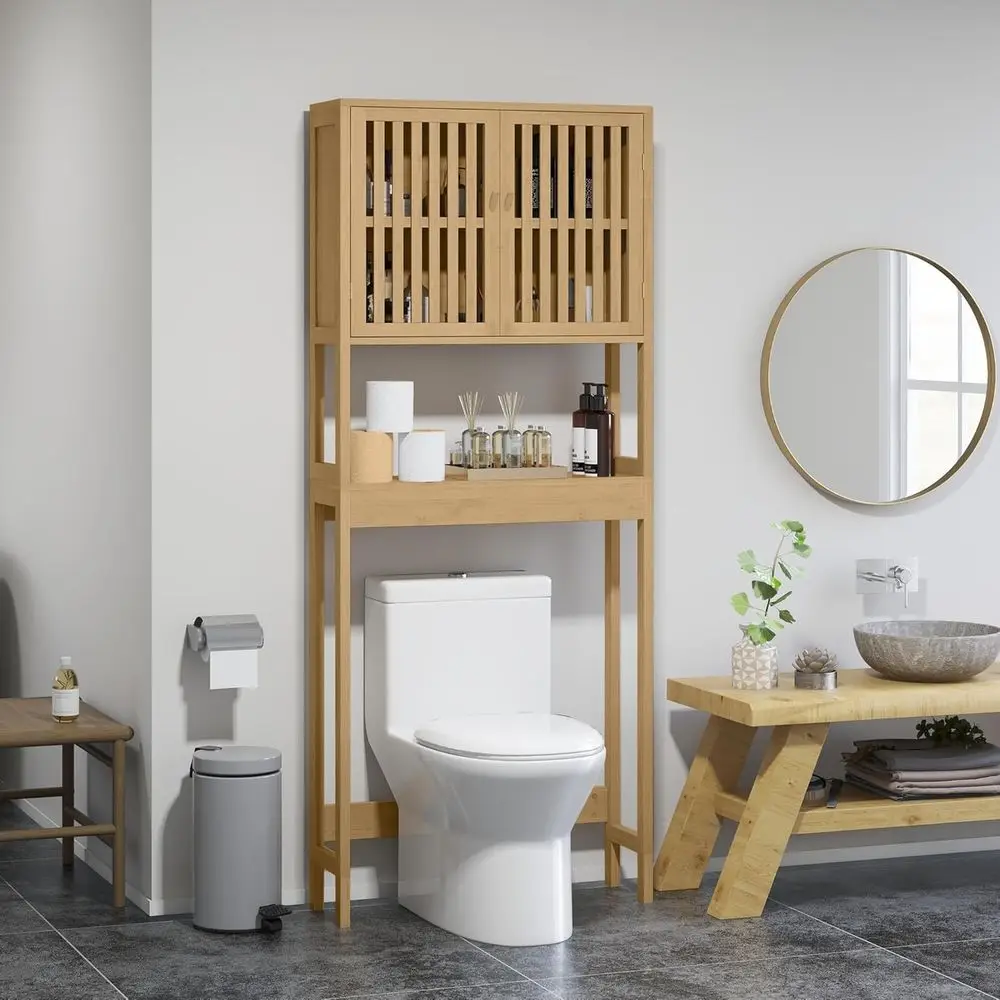 

Bamboo Over the Toilet Storage Cabinet, Over Toilet Bathroom Organizer with Slatted Do, Adjustable Shel and Open Shel, Natural,
