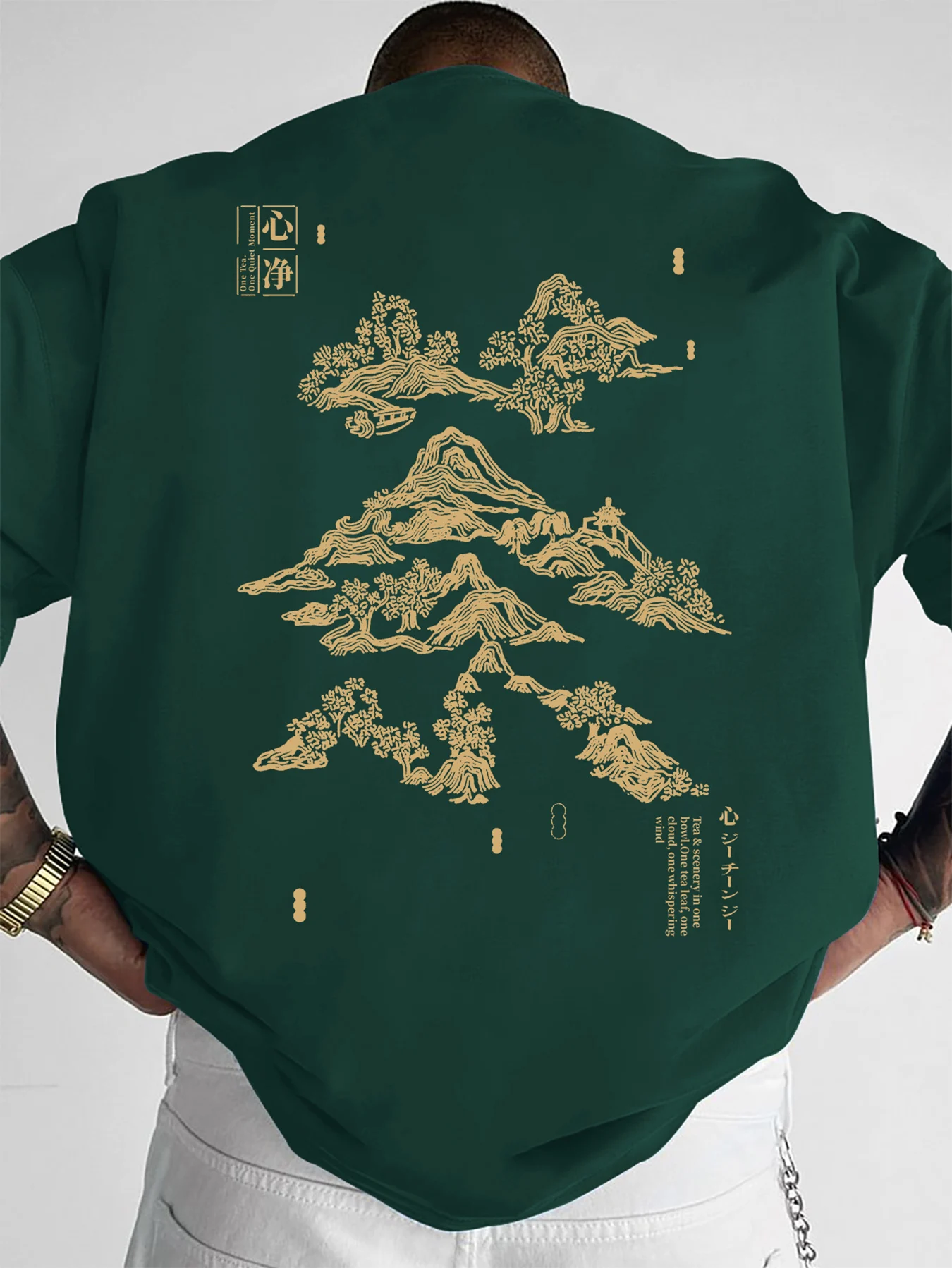 100% pure cotton men's casual loose and fashionable Chinese landscape printed comfortable short sleeved round neck T-shirt