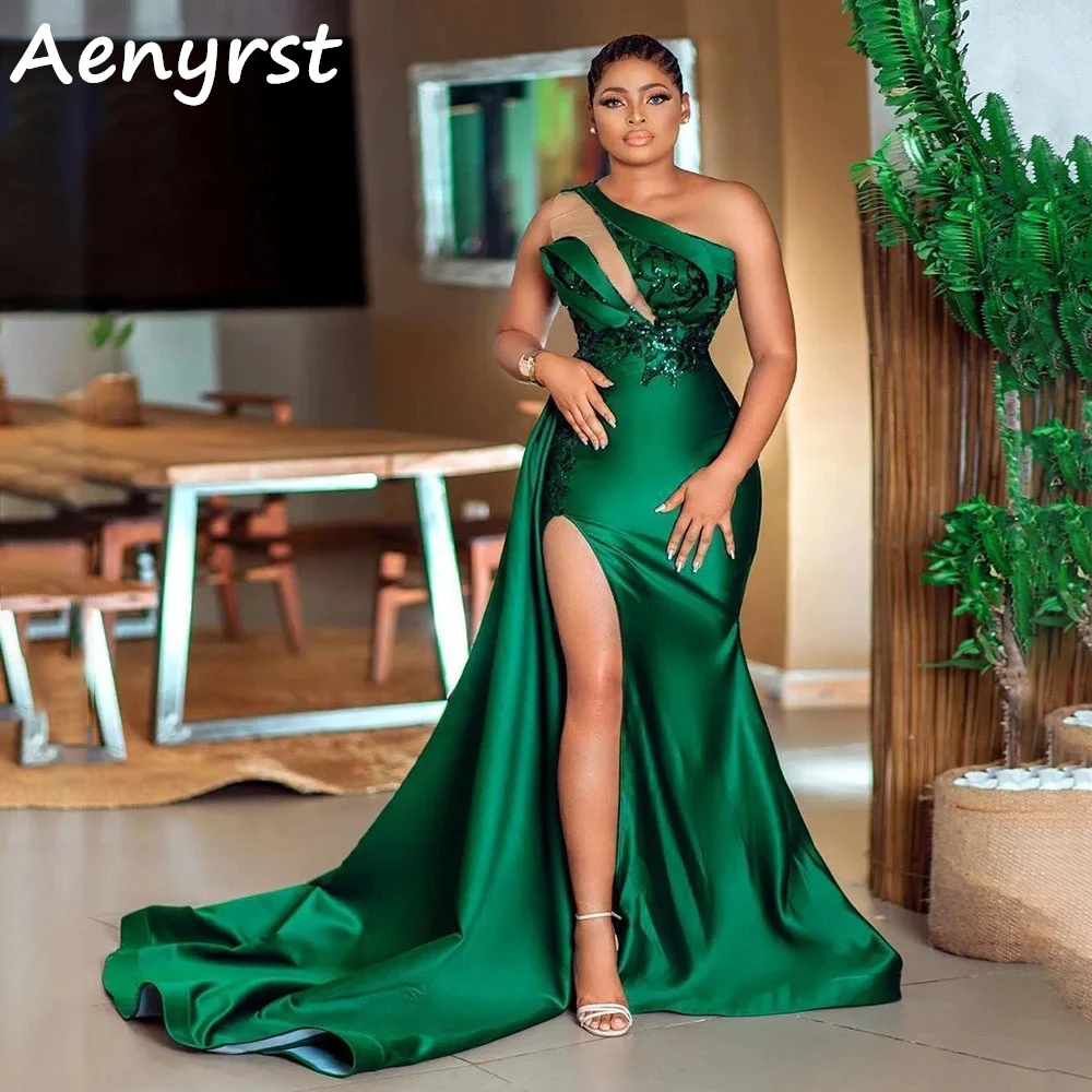 Aenyrst-Verde Esmeralda Um Ombro Sereia Cetim Vestidos, vestidos de noite Split lantejoulas, vestido de festa formal até o chão, vestido de baile, Arábia Saudita