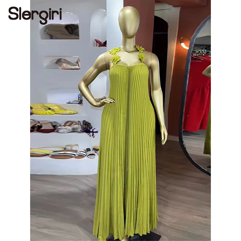 

Slergiri Solid Color Flower Cami Dress Women Fashion New 2026 Summer Beach Vacation Elegant Party Backless Pleated Long Dresses