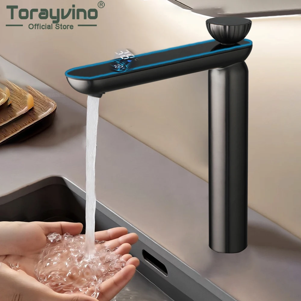 

Torayvino Смеситель для ванной комнаты с цифровым дисплеем Латунные смесители для раковины для ванны Кран для холодной и горячей воды Высокий и короткий размер Смеситель для крепления на палубу Torneira