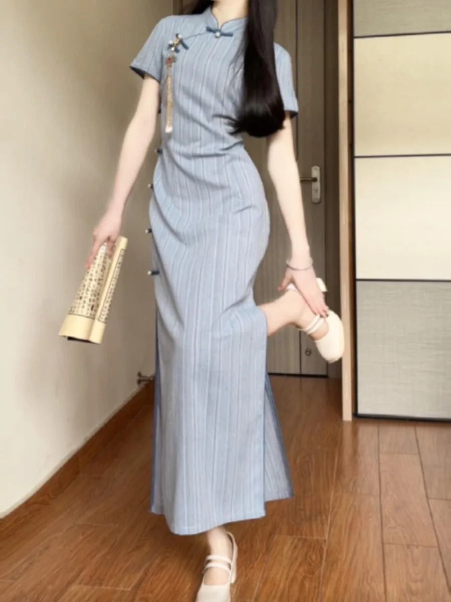 

2025 Summer Qipao for Petite, New Chinese Cheongsam, Retro Literary Elegant Daily Chinese Traditional Long Woman Dress