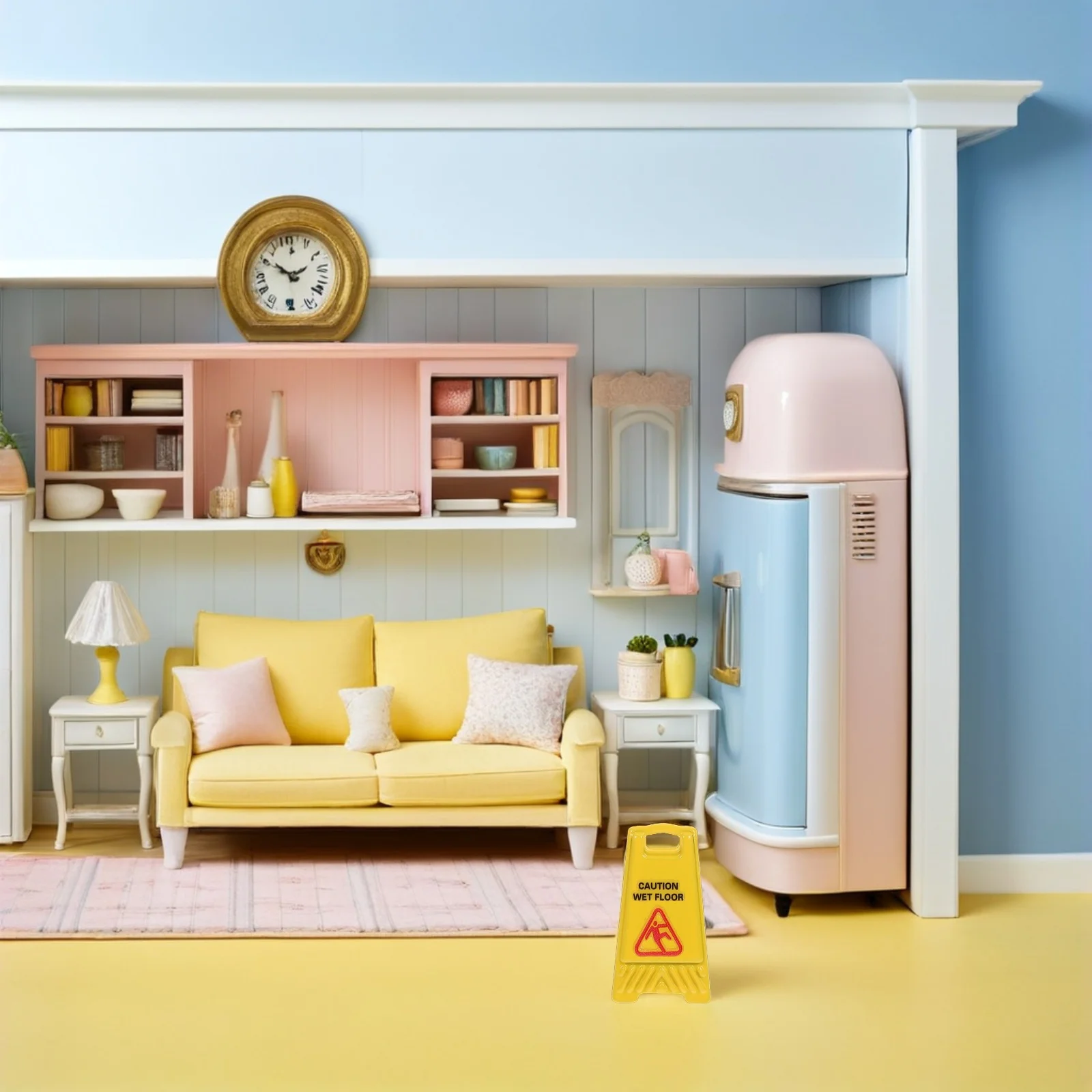 8Pcs Dollhouse Accessories Mini Wet Floor Warning Signs Realistic Caution Safety Signs Slippery Floor Props for Scene Decoration