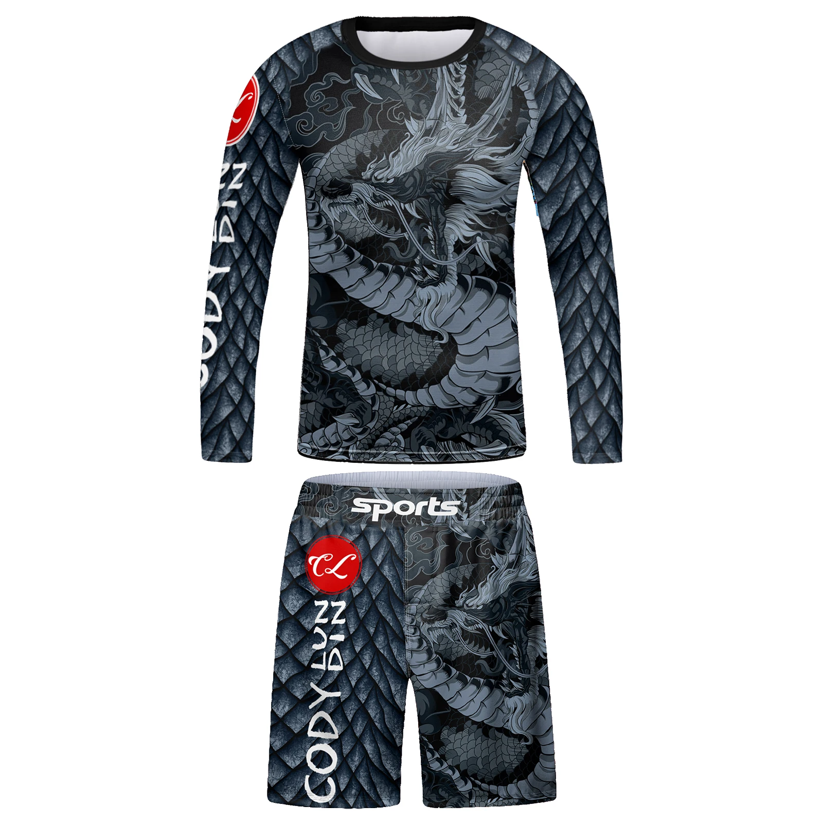 

Cody Lundin Children's Set Dragon Print Compression Rashguard MMA T-shirts No Gi Shorts Kids Grappling Jiu Jitsu Kickboxing Kit